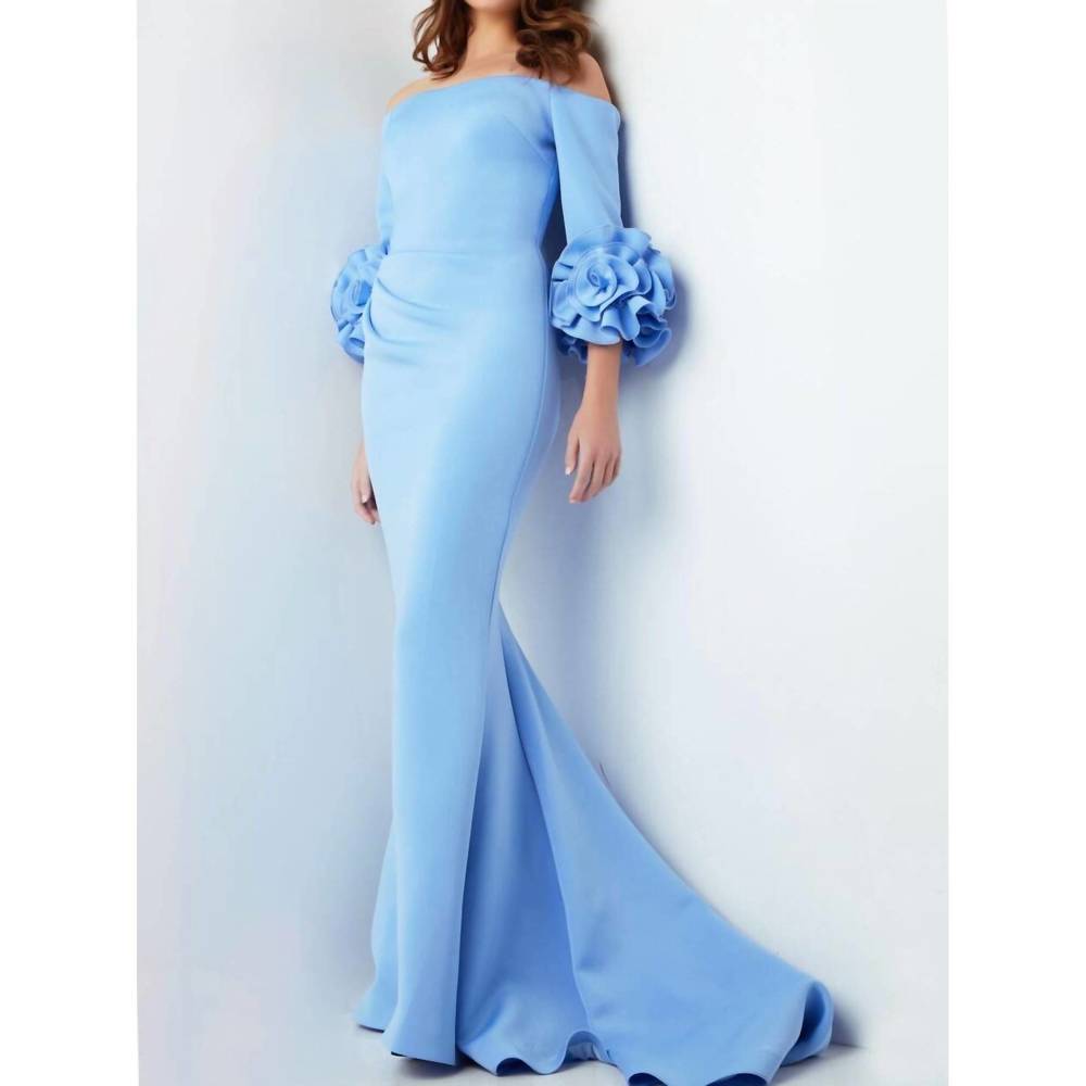 NEW JOVANI scuba ruched bell sleeve dress in light blue - Picture 2 of 4